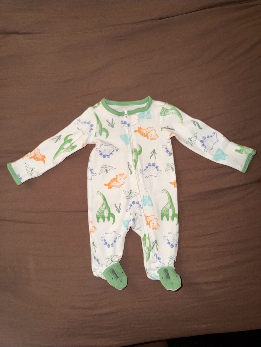 Kids White Dinosaur Print One-Piece Pajamas with Green Trim